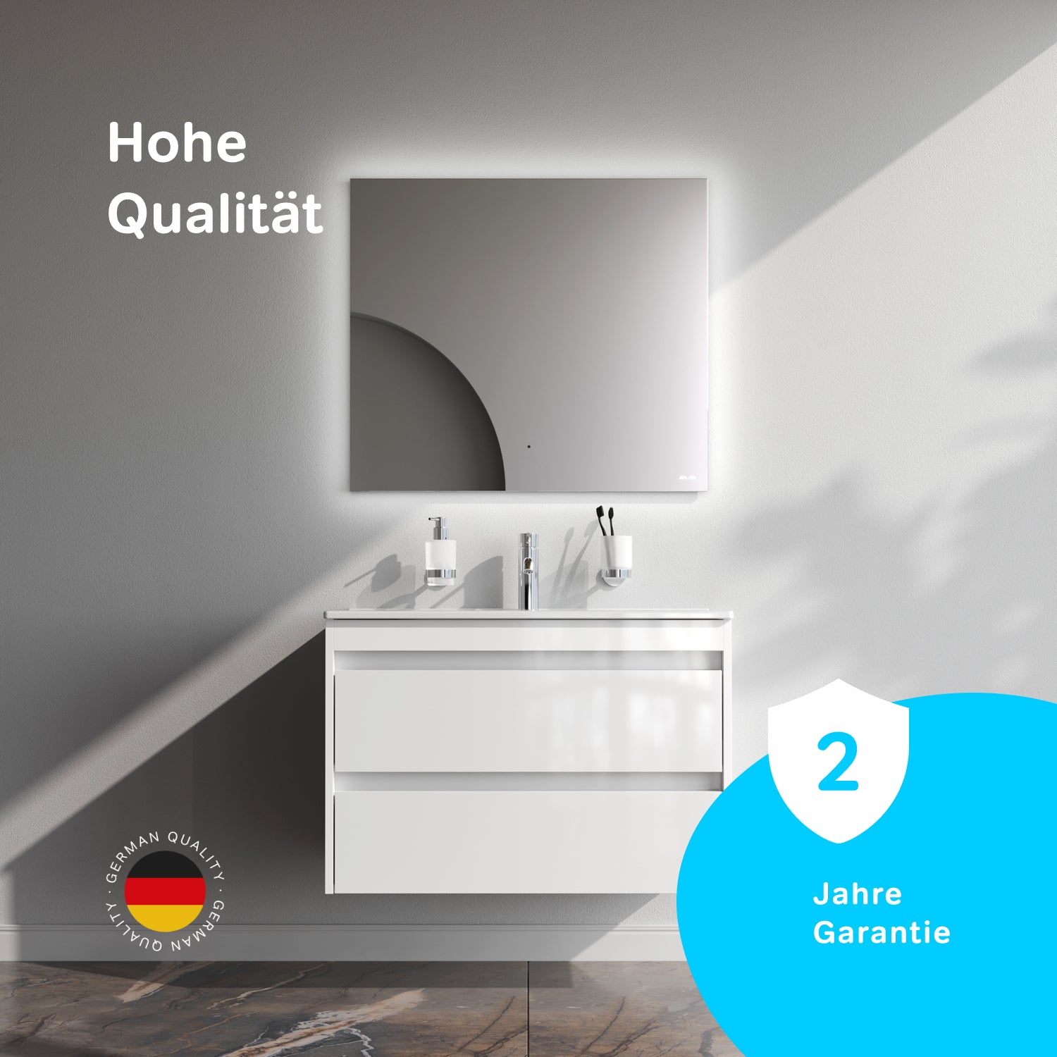 MPAX0802WG-C0802WG Waschtischunterschrank mit Becken, als Flachpaket geliefert, 80 cm, 2 Schubladen, Weiß glänzend