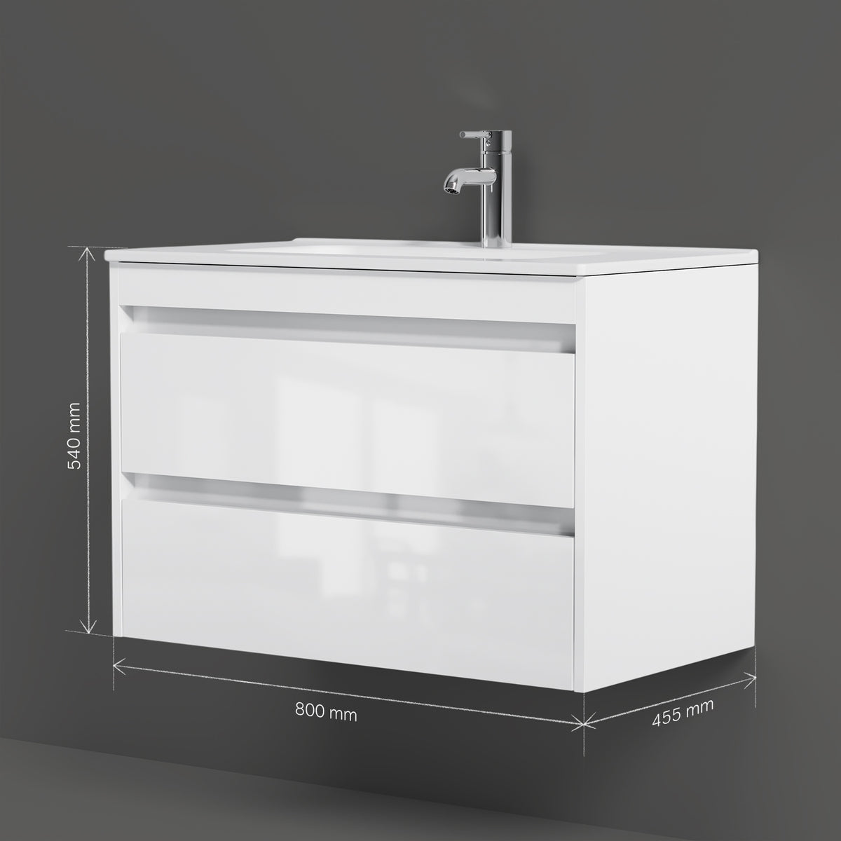 Meuble vasque avec lavabo, 80 cm, livré à plat, 2 tiroirs, blanc brillant–MPAX0802WG-C0802WG