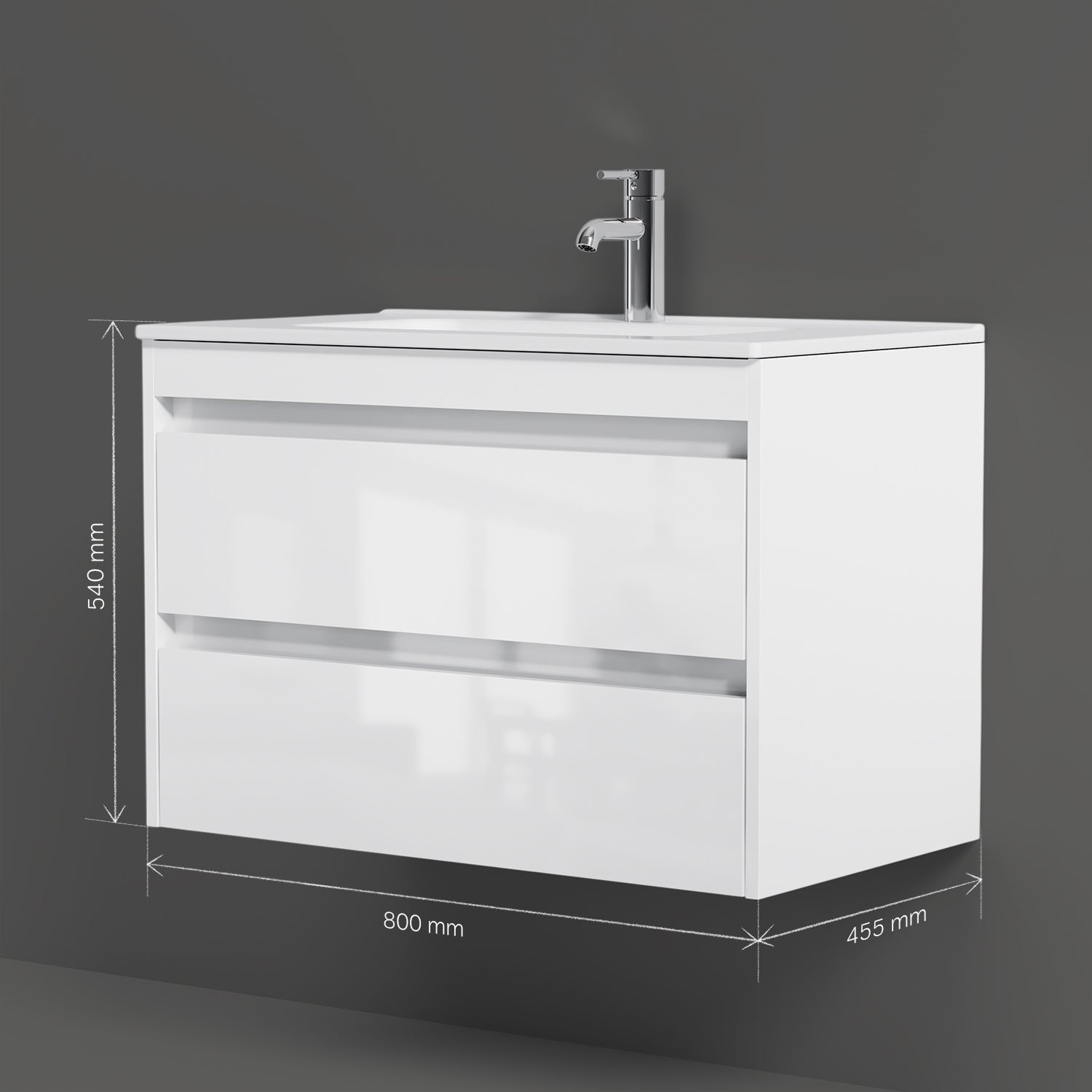MPAX0802WG-C0802WG Waschtischunterschrank mit Becken, als Flachpaket geliefert, 80 cm, 2 Schubladen, Weiß glänzend