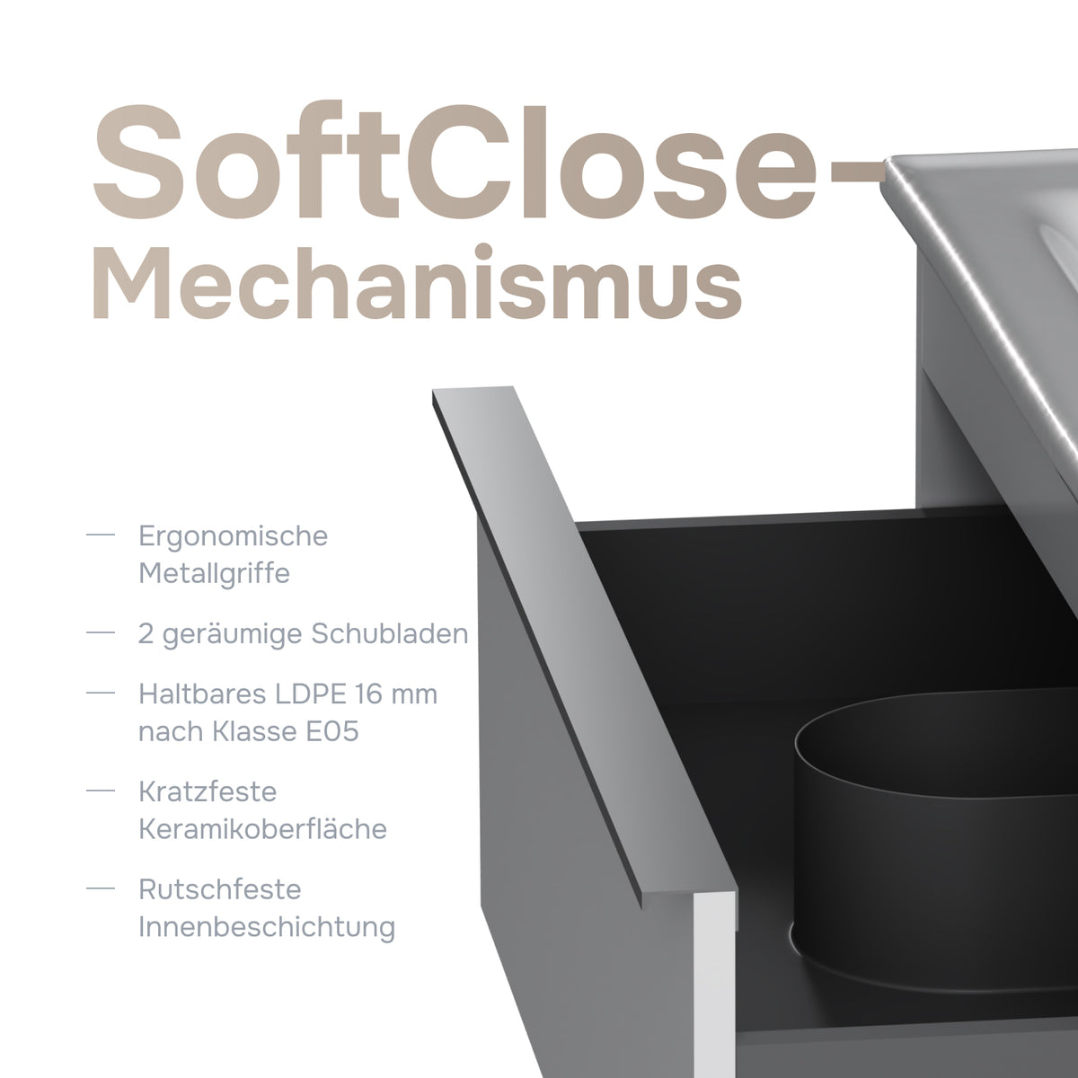 Waschtischunterschrank mit Waschbecken, 80 cm, als Flachpaket, 2 Schubladen – MTA-FHX0802WG-WCC0802