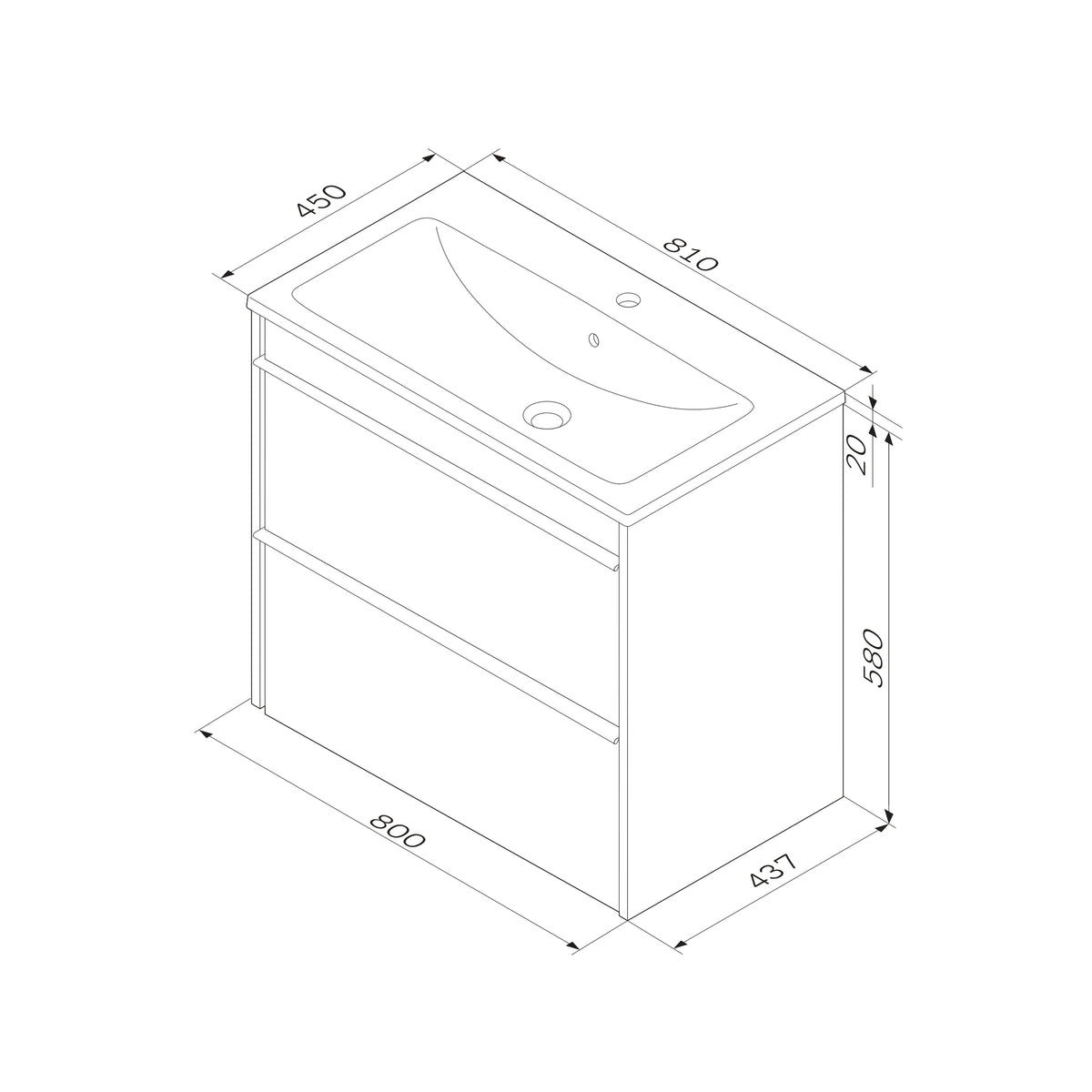 Waschtischunterschrank mit Waschbecken, 80 cm, als Flachpaket, 2 Schubladen – MTA-FHX0802WG-WCC0802