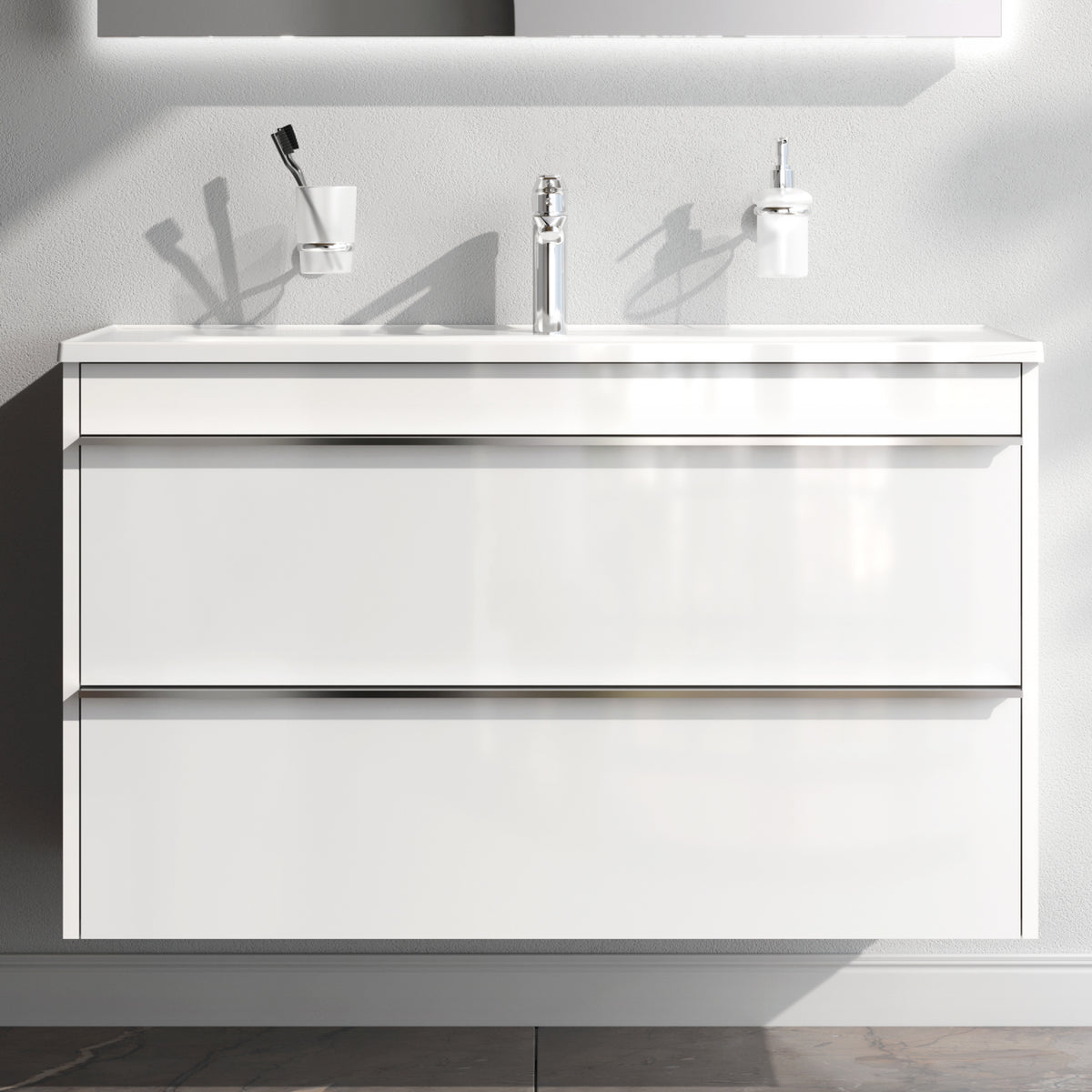 Waschtischunterschrank mit Waschbecken, 100 cm, als Flachpaket, 2 Schubladen – MTA-FHX1002WG-WCC1002
