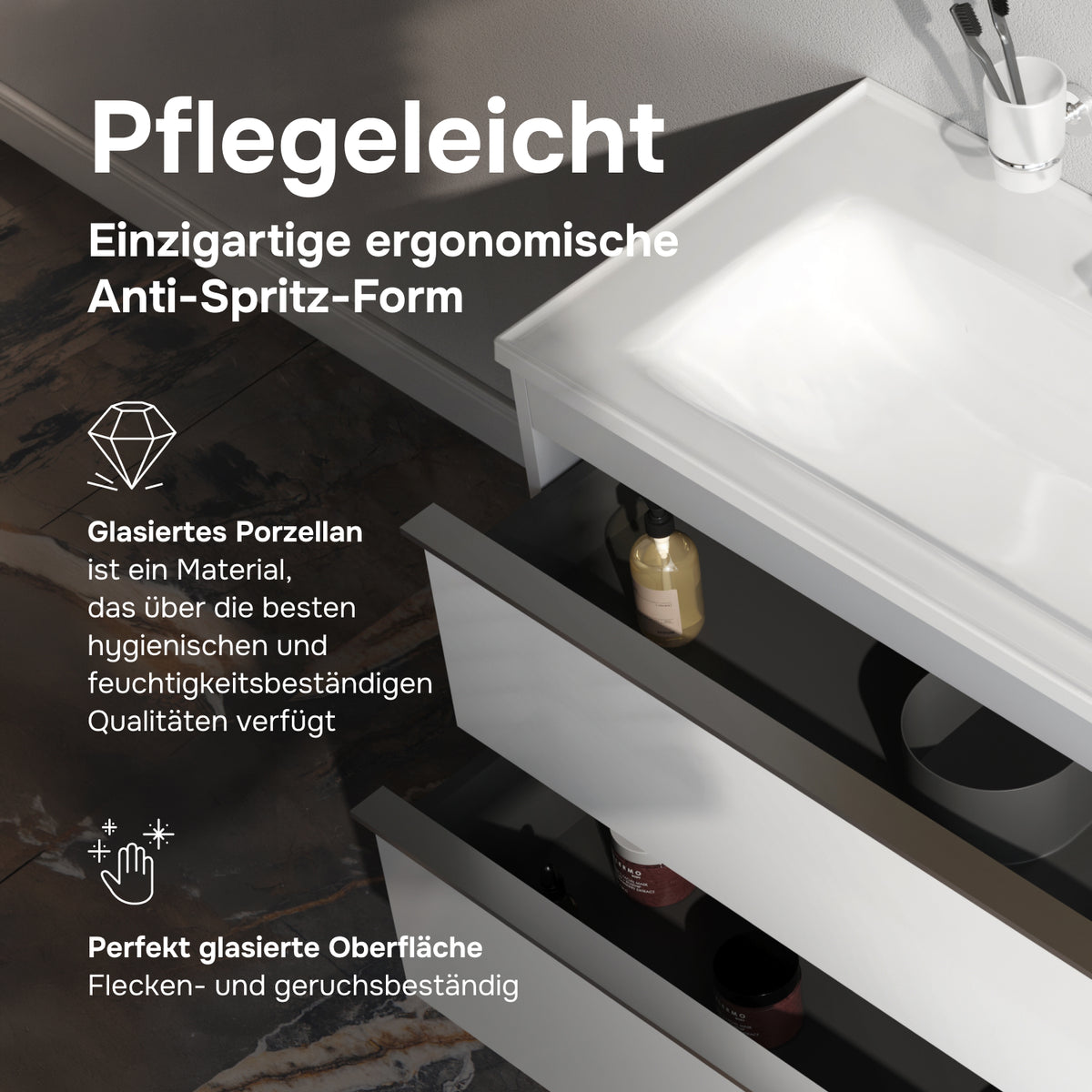 Waschtischunterschrank mit Waschbecken, 100 cm, als Flachpaket, 2 Schubladen – MTA-FHX1002WG-WCC1002
