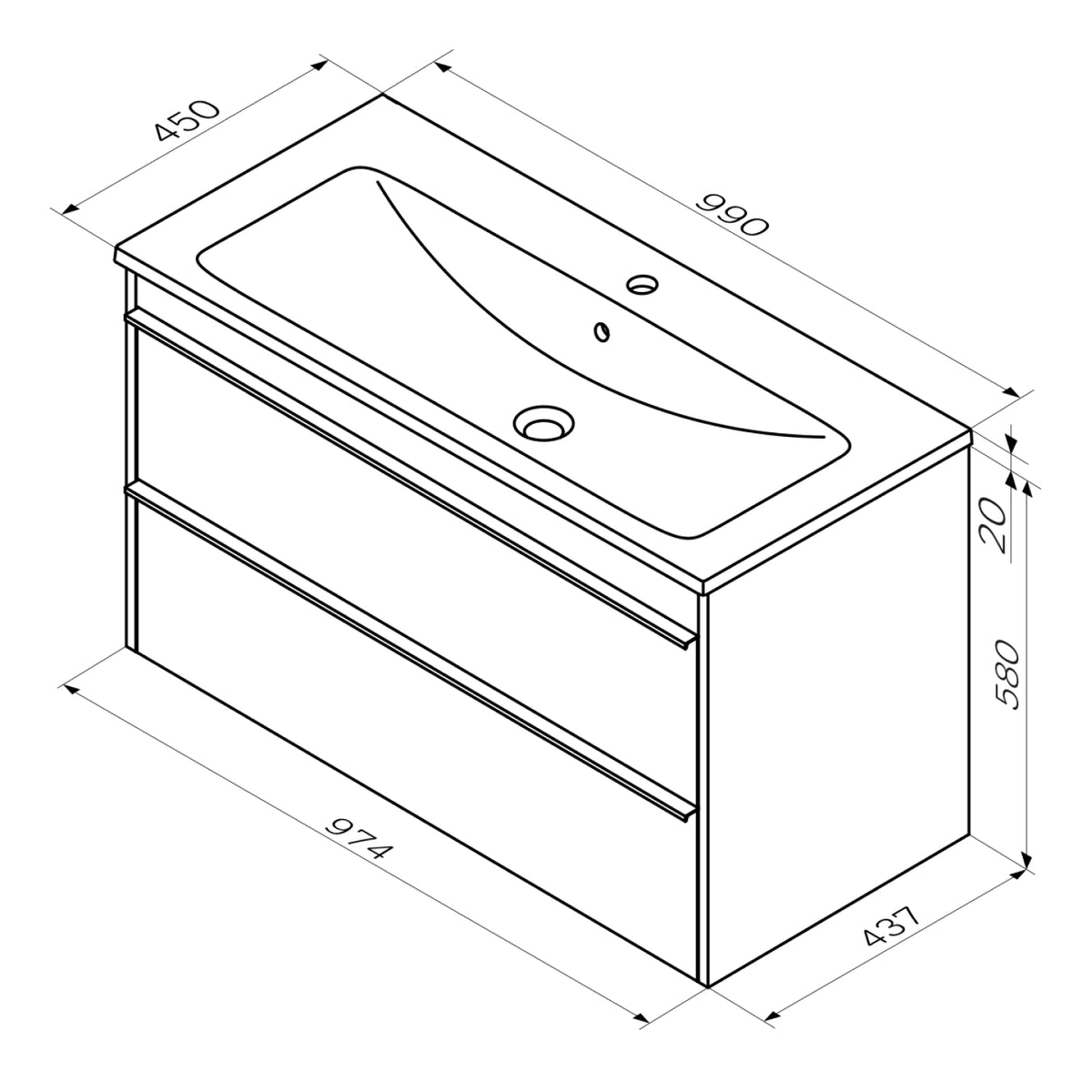 Waschtischunterschrank mit Waschbecken, 100 cm, als Flachpaket, 2 Schubladen – MTA-FHX1002WG-WCC1002