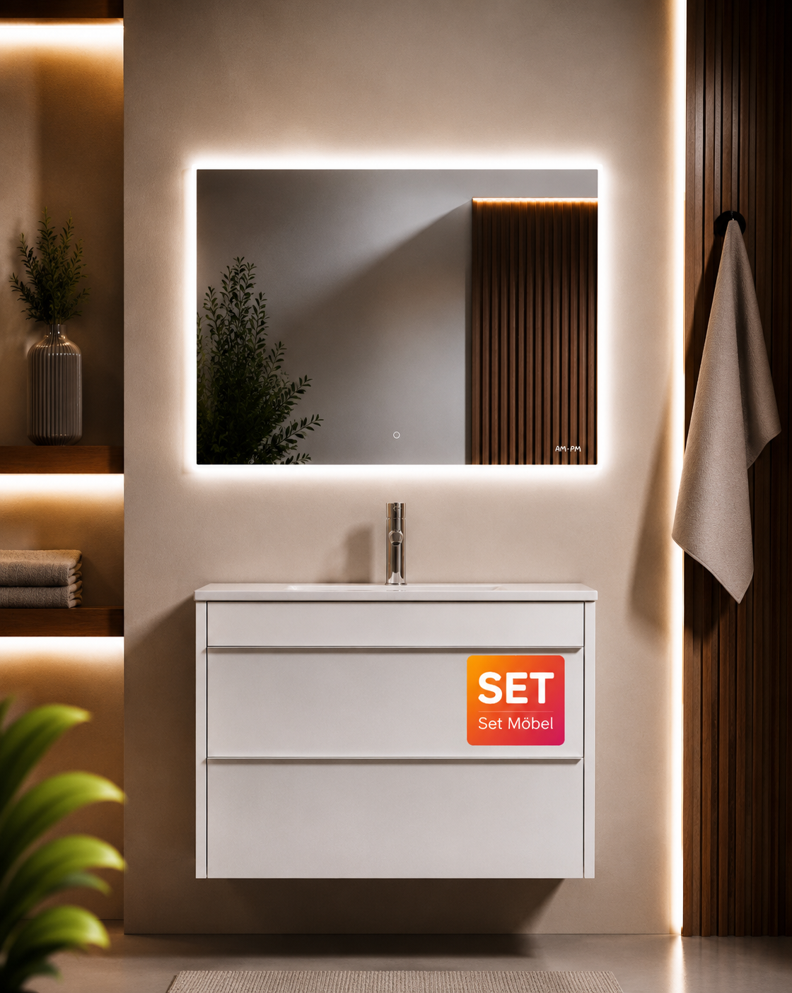 Badmöbel-Set mit Waschbecken und LED-Badspiegel, 80 cm, 2 Schubladen, Weiß glänzend – MTA0802WGCMO1