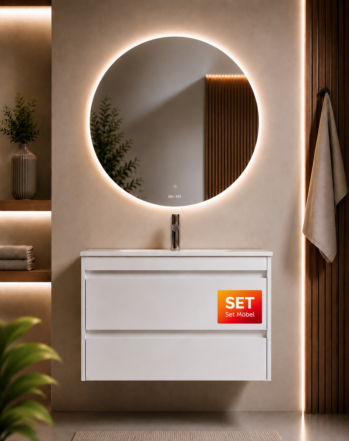 Badmöbel-Set mit Waschbecken und rundem LED-Badspiegel, 80 cm, 2 Schubladen, Weiß glänzend – MTA0802WGCMO4
