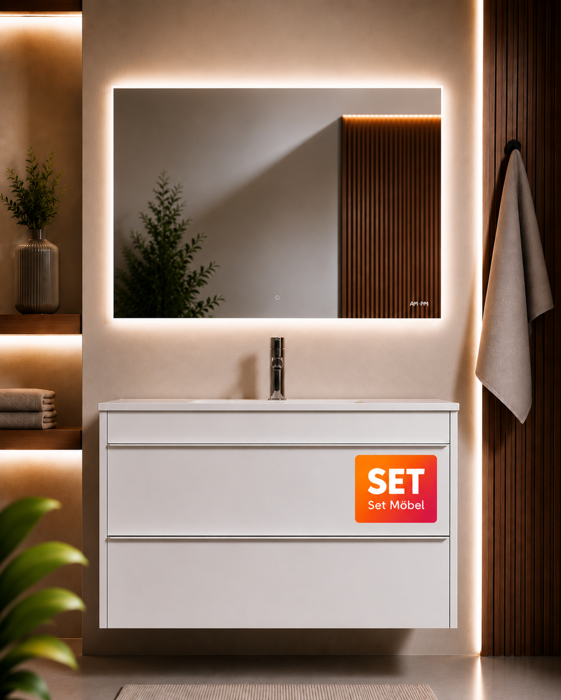 Badmöbel-Set mit Waschbecken und LED-Badspiegel, 100 cm, 2 Schubladen, Weiß glänzend – MTA1002WGCMO1