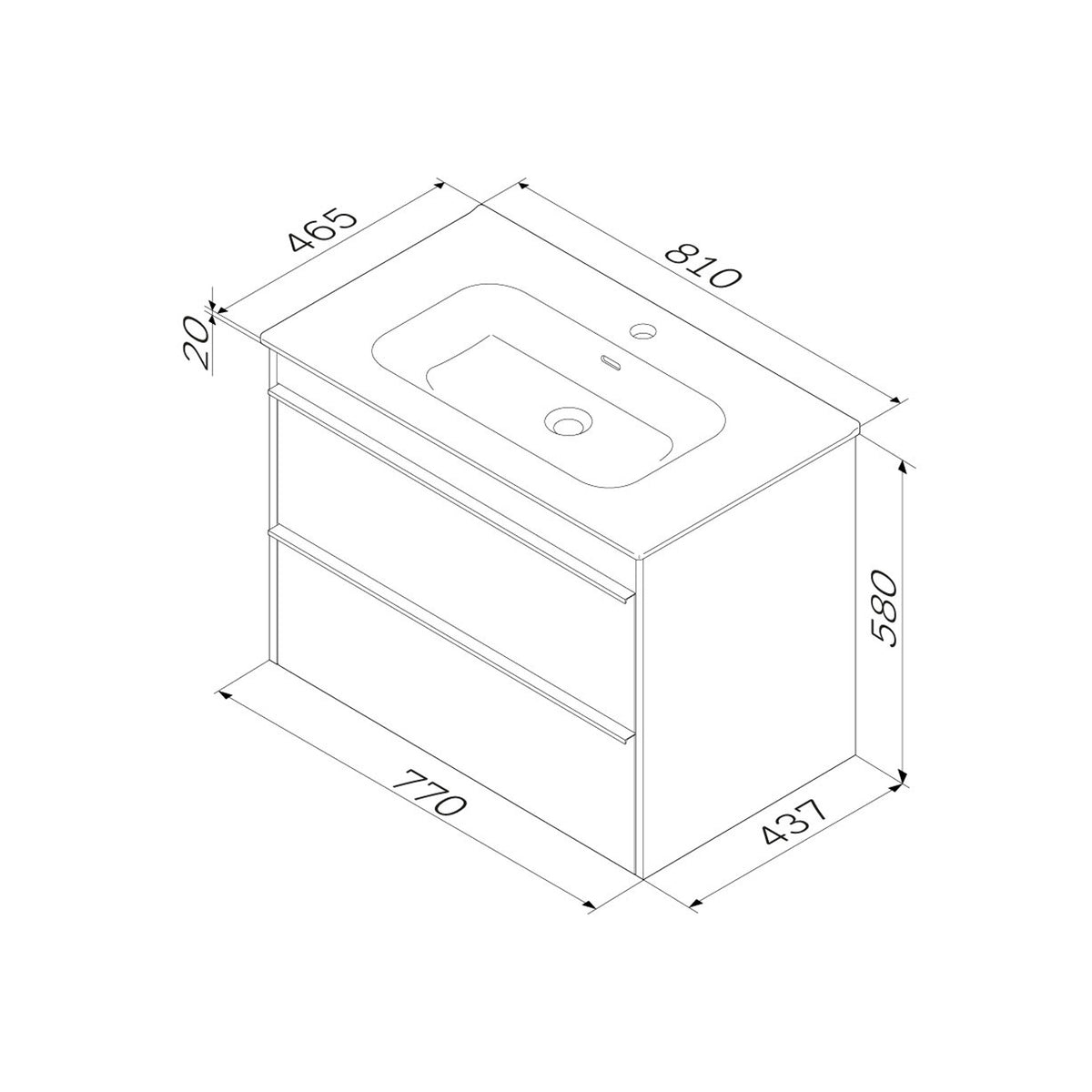 Meuble vasque avec lavabo, 80 cm, livré à plat, 2 tiroirs–MTA-FHX0802WG-WCC0802