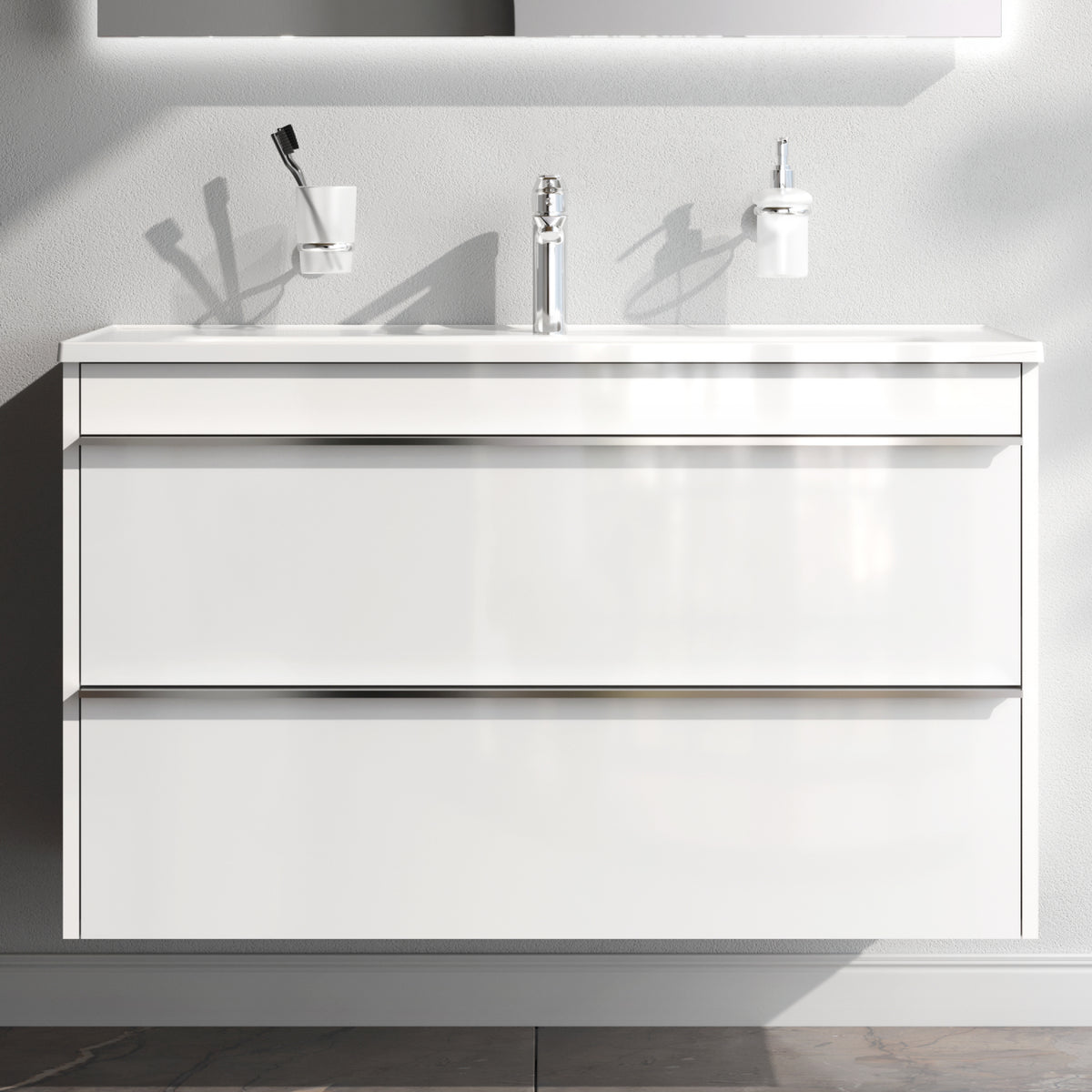 MTA-FHX1002WG-WCC1002 Waschtischunterschrank mit Becken, 100 cm, 2 Schubladen Hit Badmöbel Waschbecken mit Unterschrank ampm-store.de