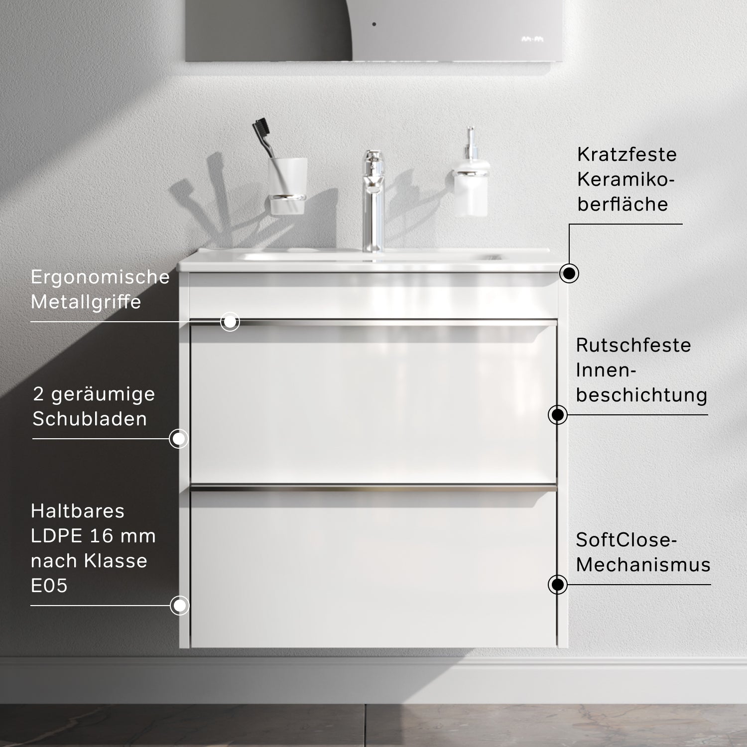 Meuble vasque MTAX0602WG-C0602WG avec lavabo, livré à plat, 60 cm, 2 tiroirs