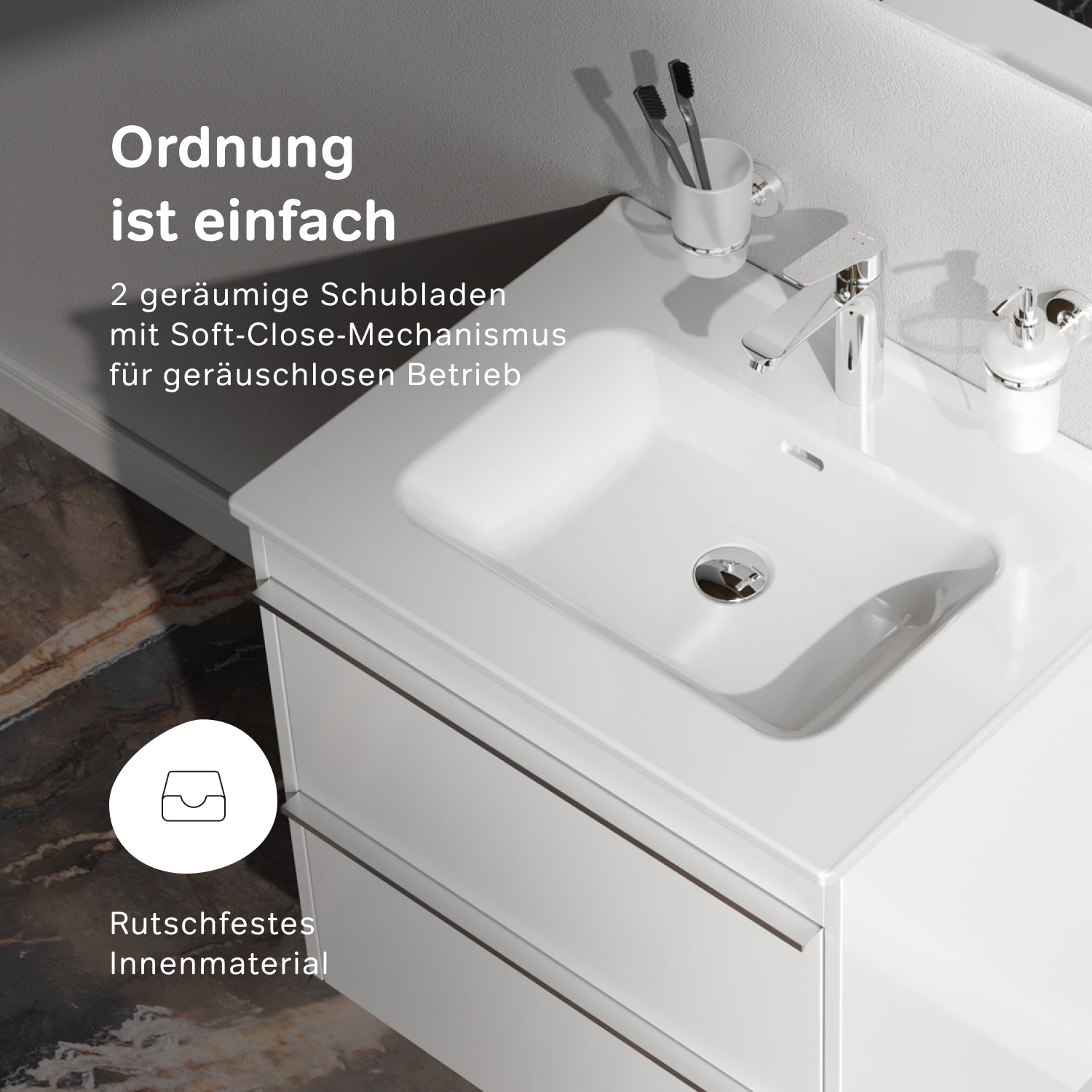 Meuble vasque MTAX0602WG-C0602WG avec lavabo, livré à plat, 60 cm, 2 tiroirs