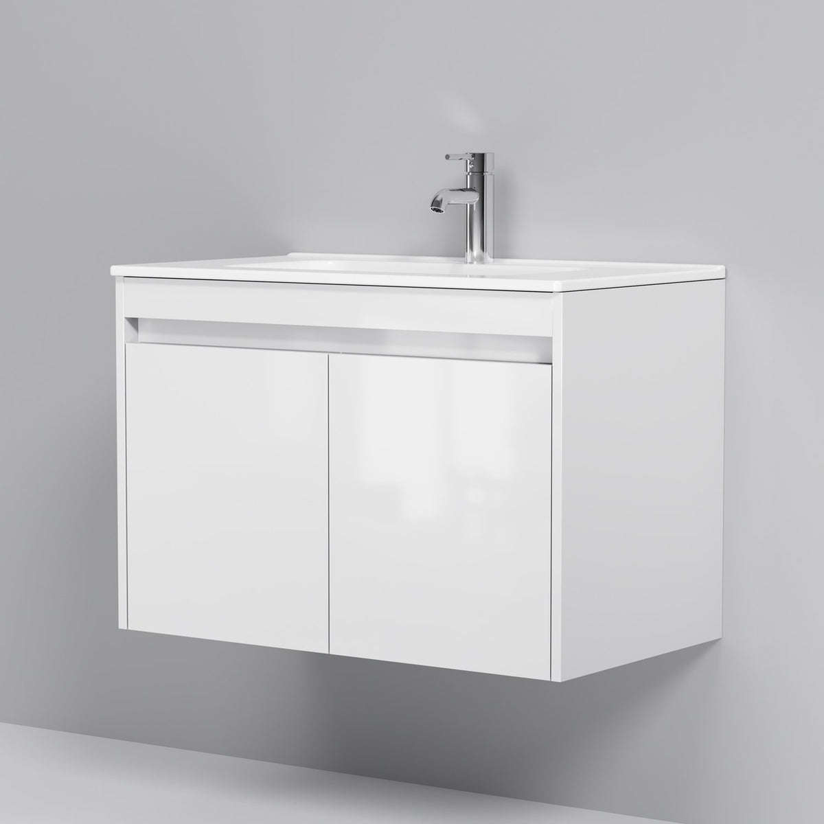 Badmöbel-Set mit Waschbecken und rundem LED-Badspiegel, 80 cm, 2 Türen, Weiß glänzend – MPA0801WGCMO4