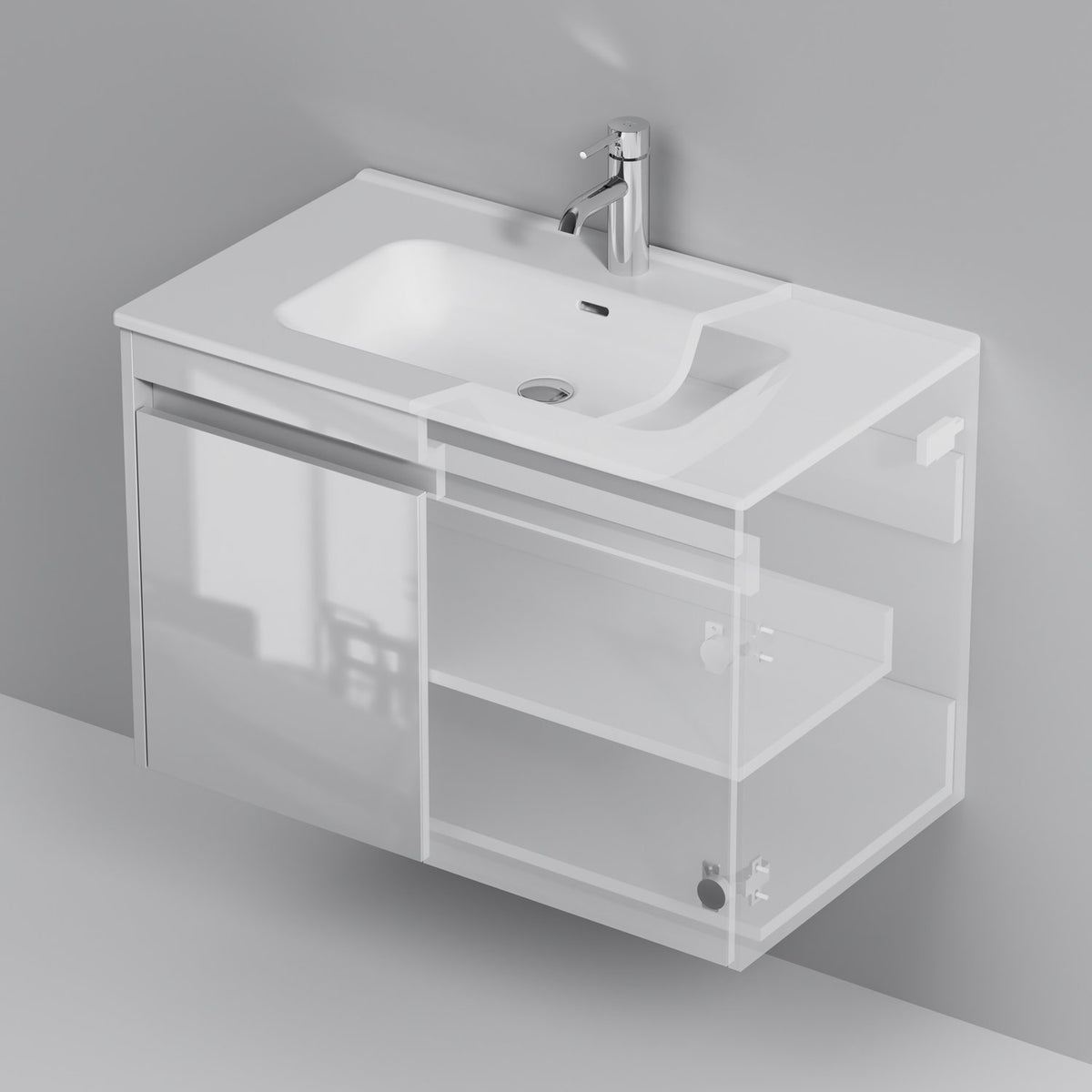 Badmöbel-Set mit Waschbecken und rundem LED-Badspiegel, 80 cm, 2 Türen, Weiß glänzend – MPA0801WGCMO4